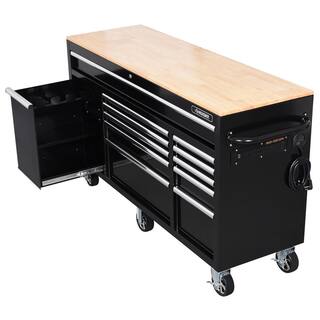 Husky 62 in. W x 20 in. D 12-Drawer Gloss Black Mobile Workbench Cabinet with Solid Wood Top and Power Drawer H62MWC12BLK