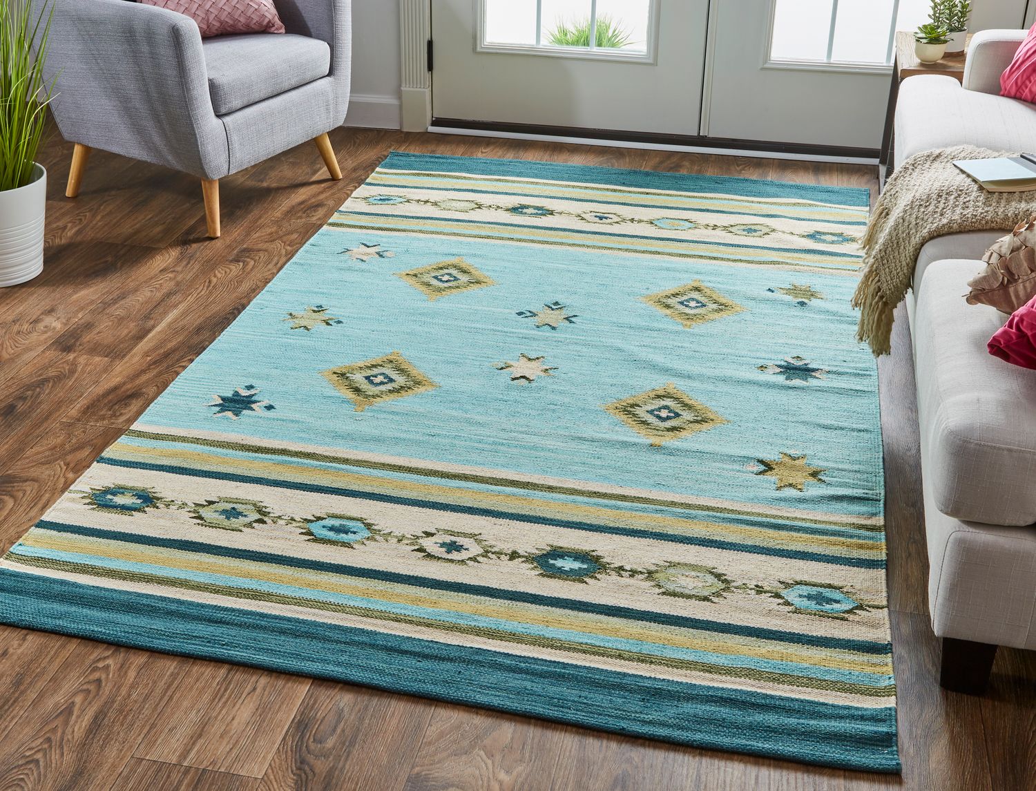 Amara Flatweave Blue and Yellow Rug by BD Fine