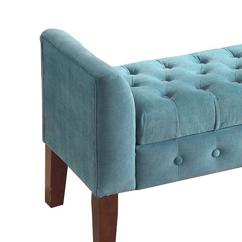 Velvet Upholstered Button Tufted Wooden Bench Settee With Hinged Storage， Teal Blue and Brown