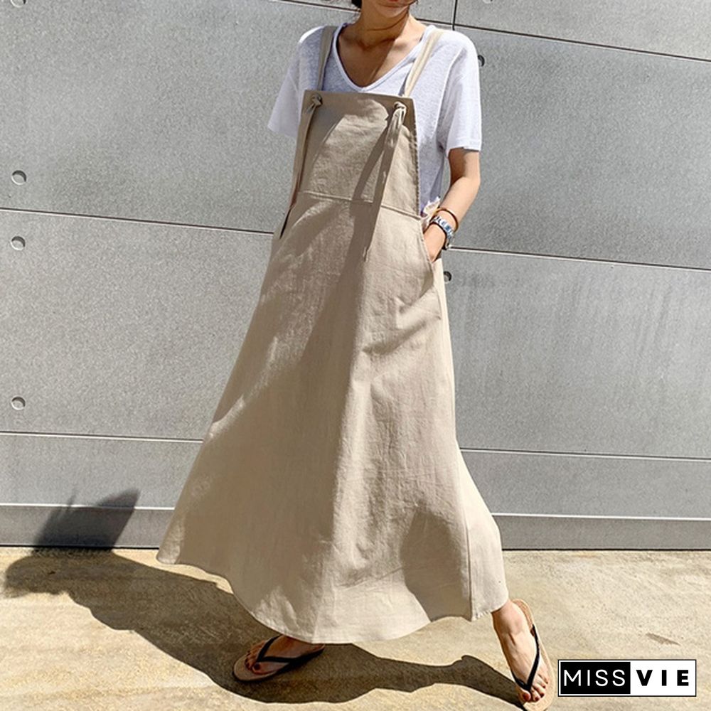 Women Summer Plus Size Strappy Maxi Sundress Loose Solid Pinafore Overalls Holiday Dress Oversized