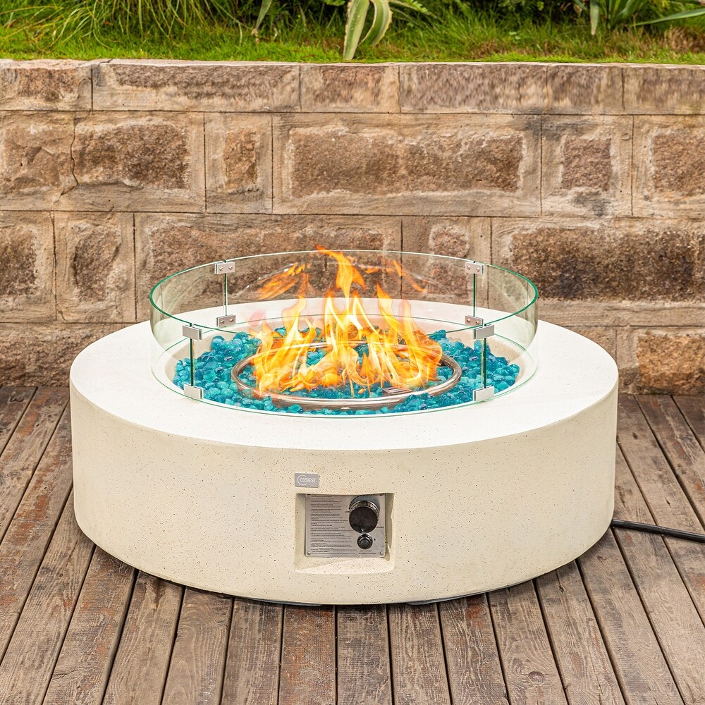 COSIEST Outdoor Round Propane Fire Pit w Wind Guard and Fire Glass