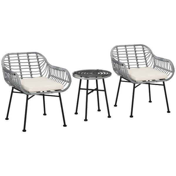 3 Piece Patio Set，PE Rattan Wicker Chairs and Table with Tempered Glass