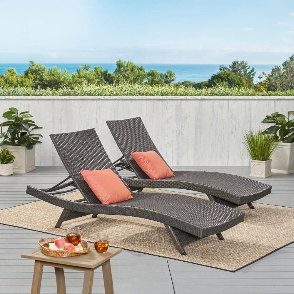 Noble House Salem gray 2Piece Faux Rattan Outdoor Chaise Lounge