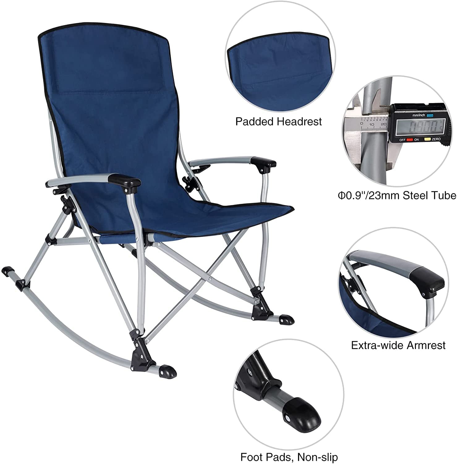 Lineslife 300lbs Heavy Duty Folding Camping Rocking Chair with High Back for Outdoor Patio, Lawn, Garden, Navy Blue