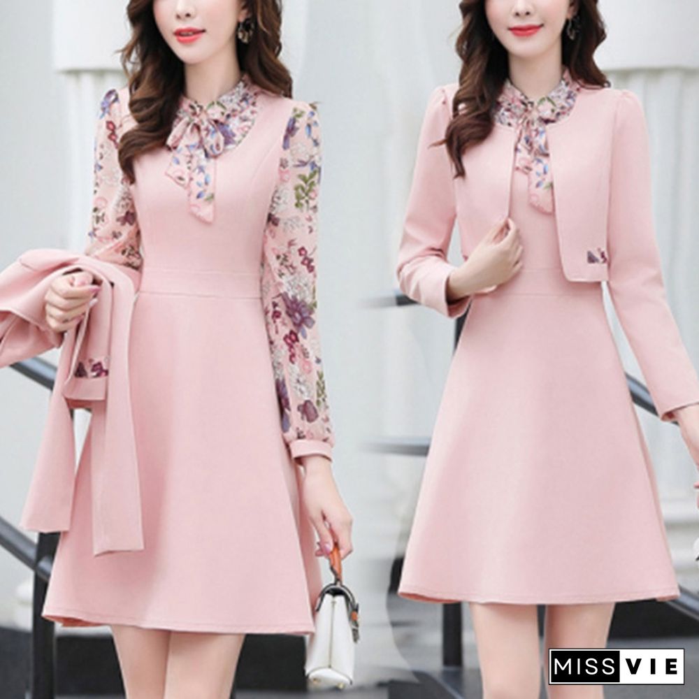 Women Office Wear Long Dress Suits Pink Yellow Green Dresses Suit 2 Pieces Set Outfit Clothes Womens Short Jacket And Dress