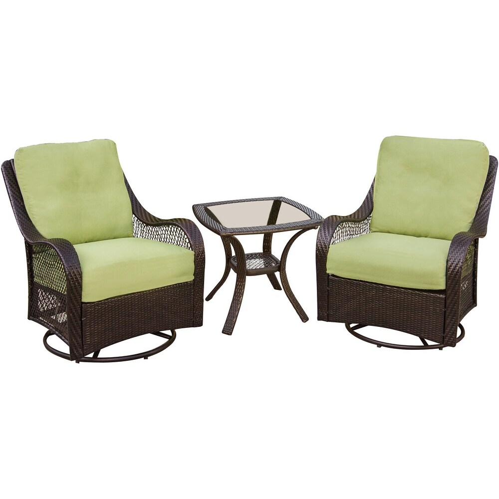 Hanover ORLEANS3PCSW Orleans Avocado Green Rattan 3 piece Outdoor Swivel Rocking Chat Set