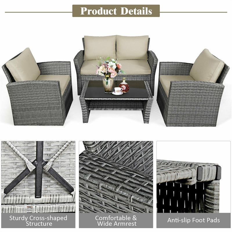 4 Pcs Rattan Patio Sectional Furniture Set with Storage Shelf Table, Cushioned Outdoor Wicker Conversation Sofa Set