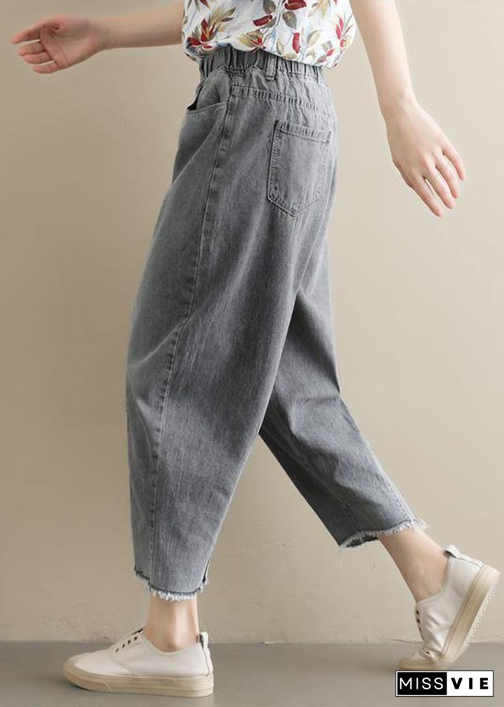 Summer new literary large size gray trousers loose elastic waist casual nine points jeans