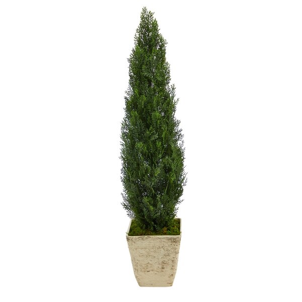 51 Cedar Artificial Tree in Country White Planter (Indoor/Outdoor)