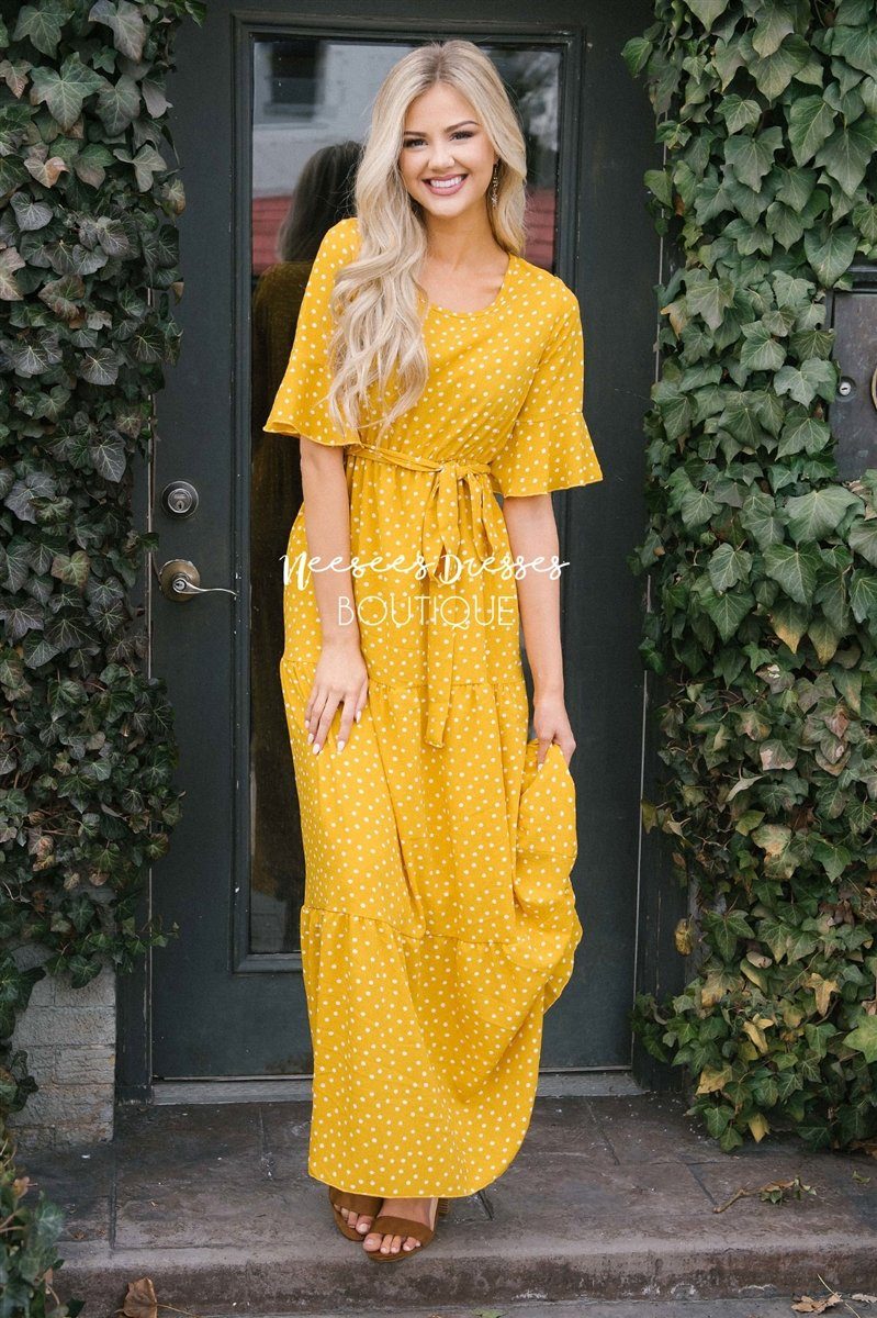 Polka Dot Flutter Sleeve Tiered Maxi Dress