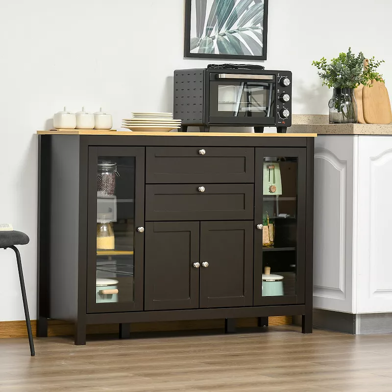 HOMCOM 47 Modern Buffet Cabinet， Storage Sideboard with Glass Door Cabinets， Pull-Out Drawers and Adjustable Shelving for Kitchen or Living Room， Dark Brown， Oak