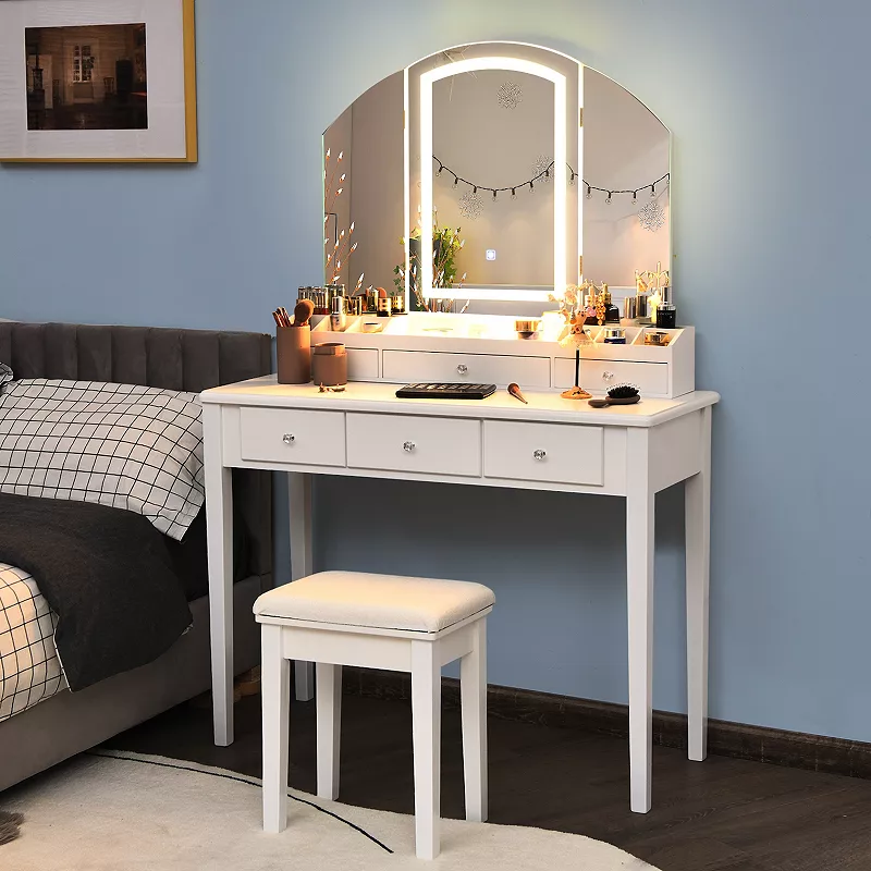 Vanity Table Stool Set with Large Tri-folding Lighted Mirror