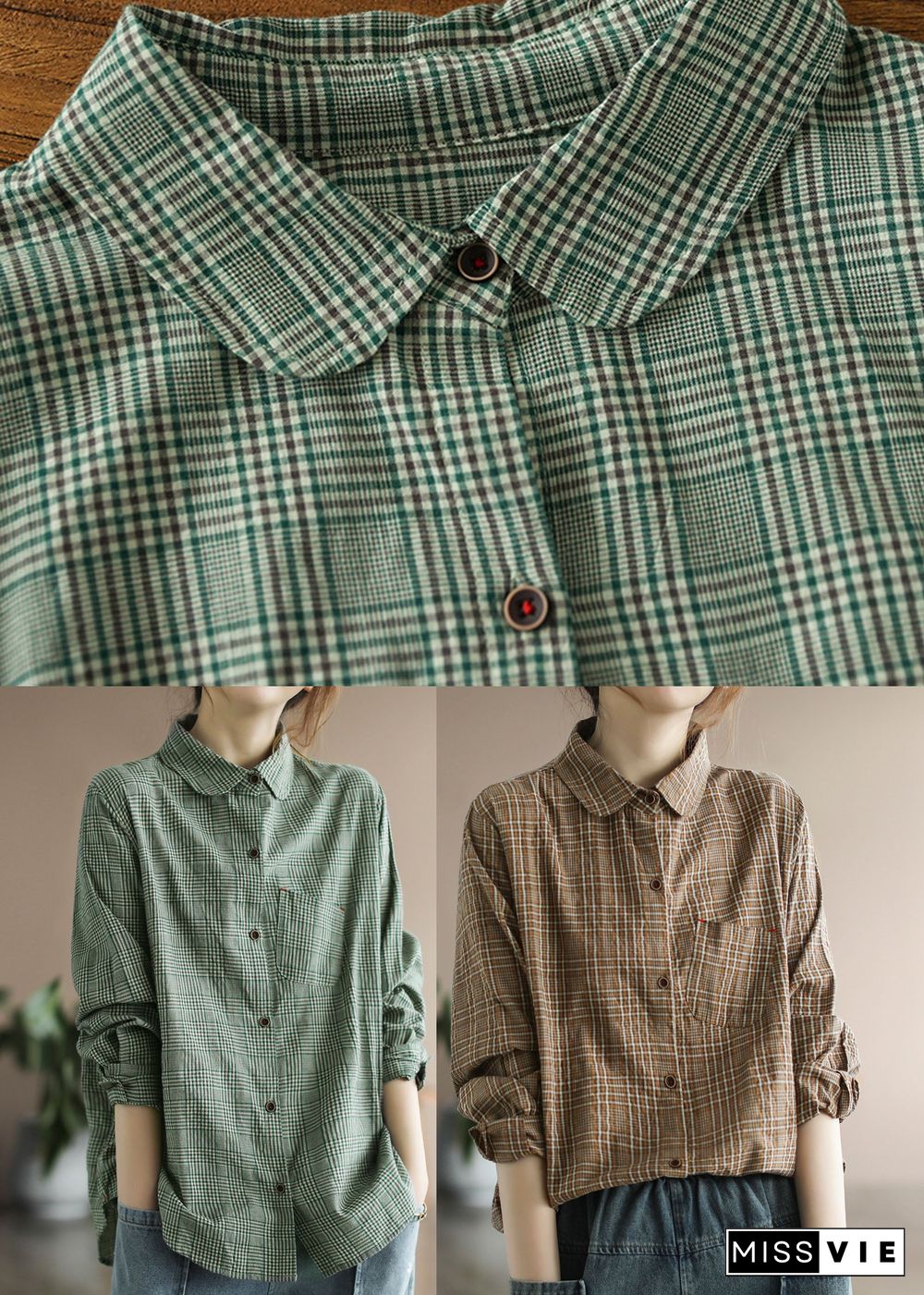 Chocolate Plaid Cotton Shirt Tops pocket Long Sleeve