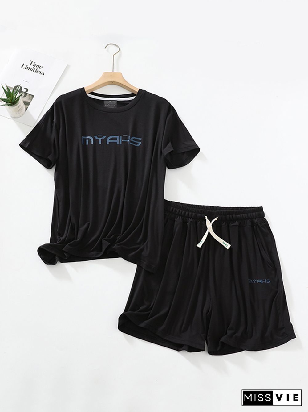 Loose Short Sleeves Round-Neck T-Shirt Top +Drawstring Elasticity Pleated Shorts Pajama Sets