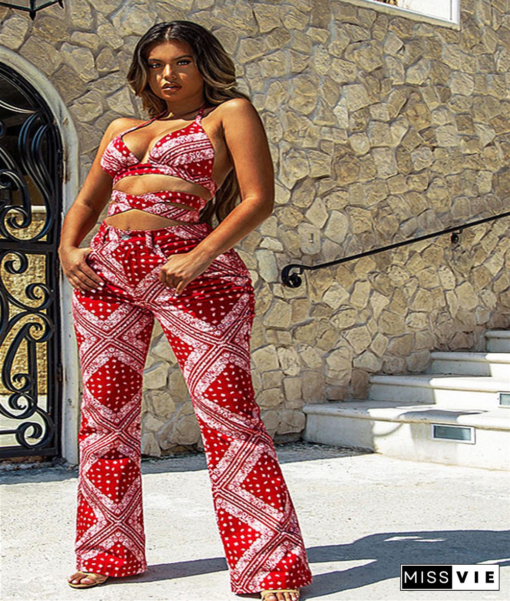 Summer Print Bandage Halter Bra Tops Pants 2 Piece Sets