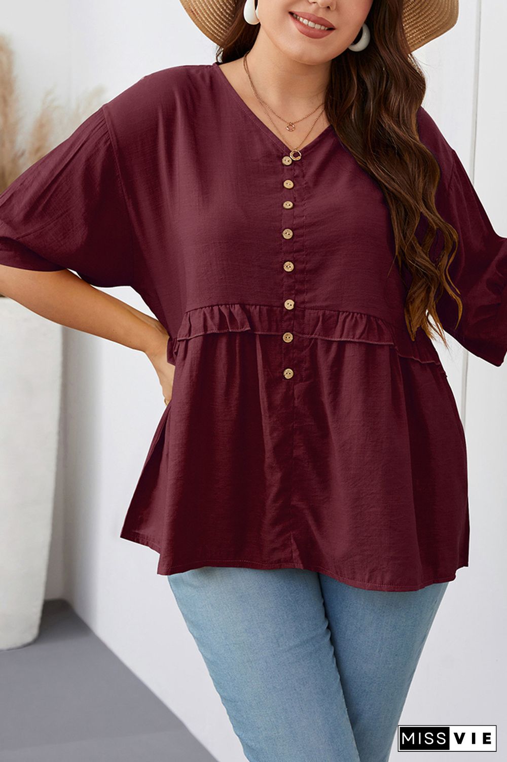 Button Down V Neck Ruffle Plus Size Top