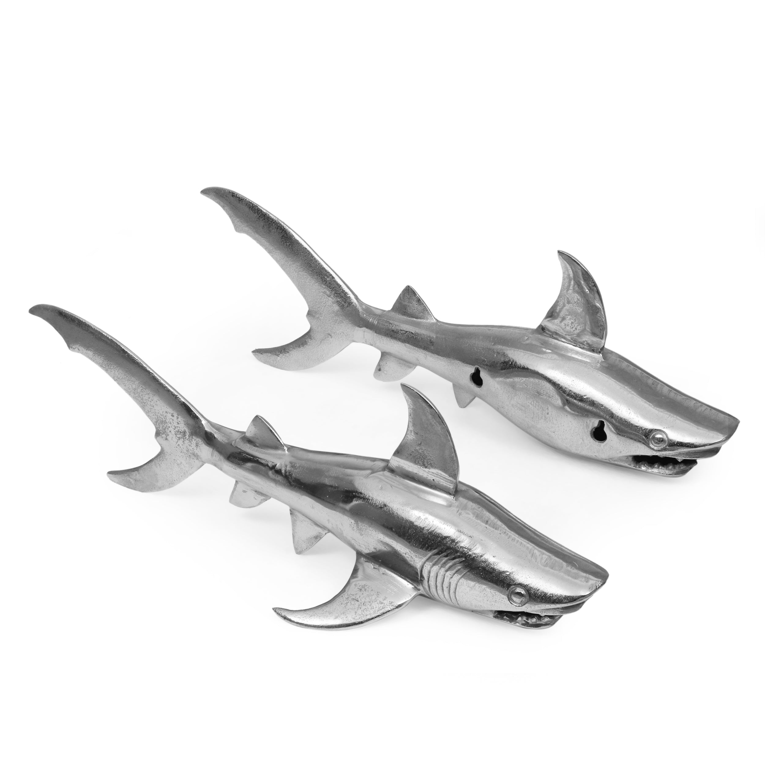 Castalia Handcrafted Aluminum Shark Figurines, Set of 2, Raw Nickel