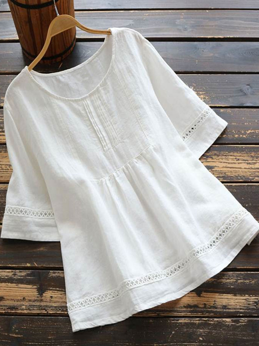 Round Neck Casual Loose Cutout Stitching Short-sleeved Blouse