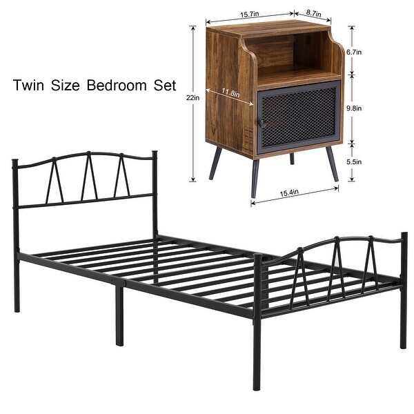 Industrial 3 Piece Bedroom Set Black Platform Bed Frame and Modern Brown Nightstands Set of 2 - - 36529080