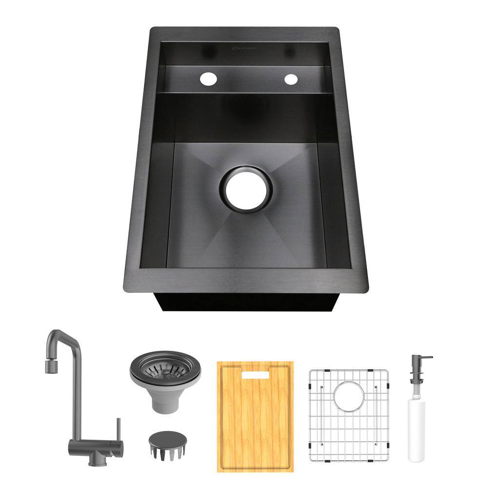 Glacier Bay 15 in. Undermount Gunmetal Black Stainless Steel Single Bowl Workstation Bar Sink with Black Folding Faucet 4333F-2