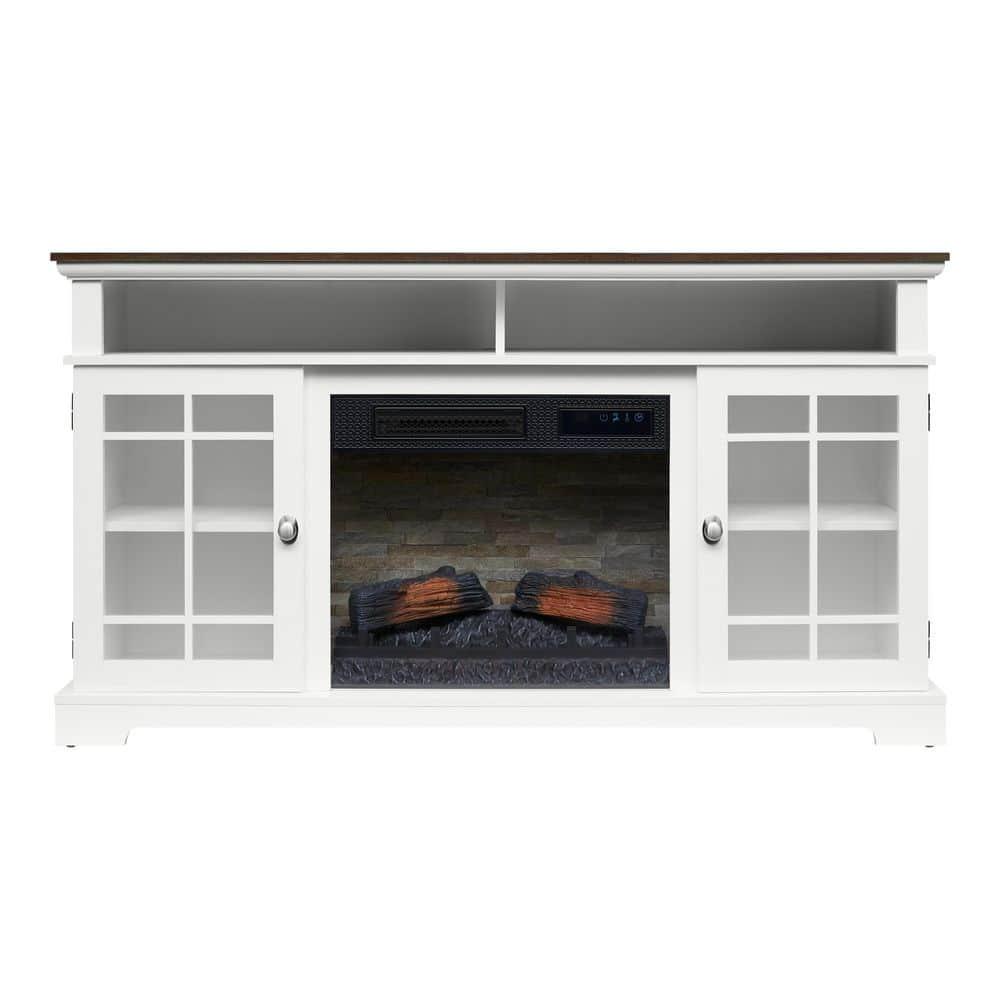 StyleWell Canteridge 60 in Freestanding Media Console Electric Fireplace TV Stand in White with Brown Top