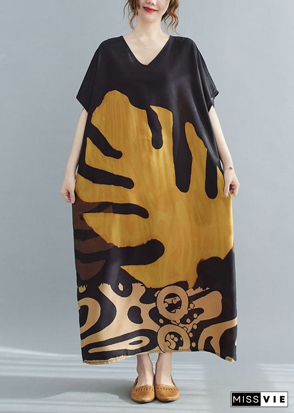 Loose Black - texture V Neck Oversized Leaf Print Chiffon Long Dress Short Sleeve