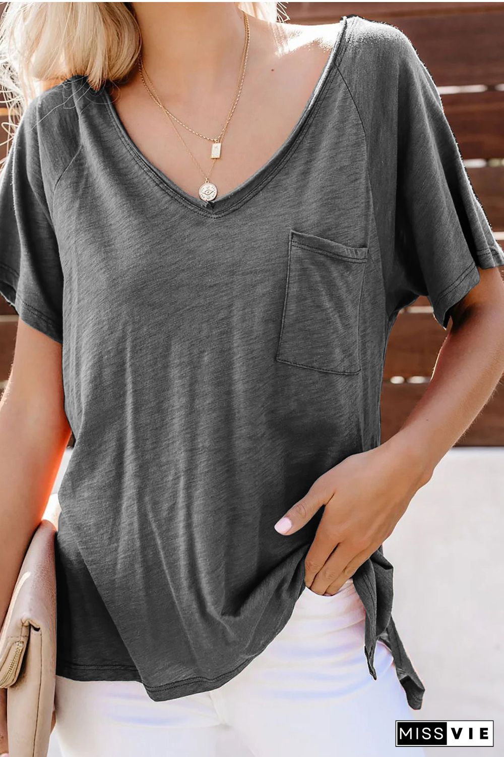 Gray V Neck Short Sleeves Cotton Blend Tee with Front Pocket and Side Slits