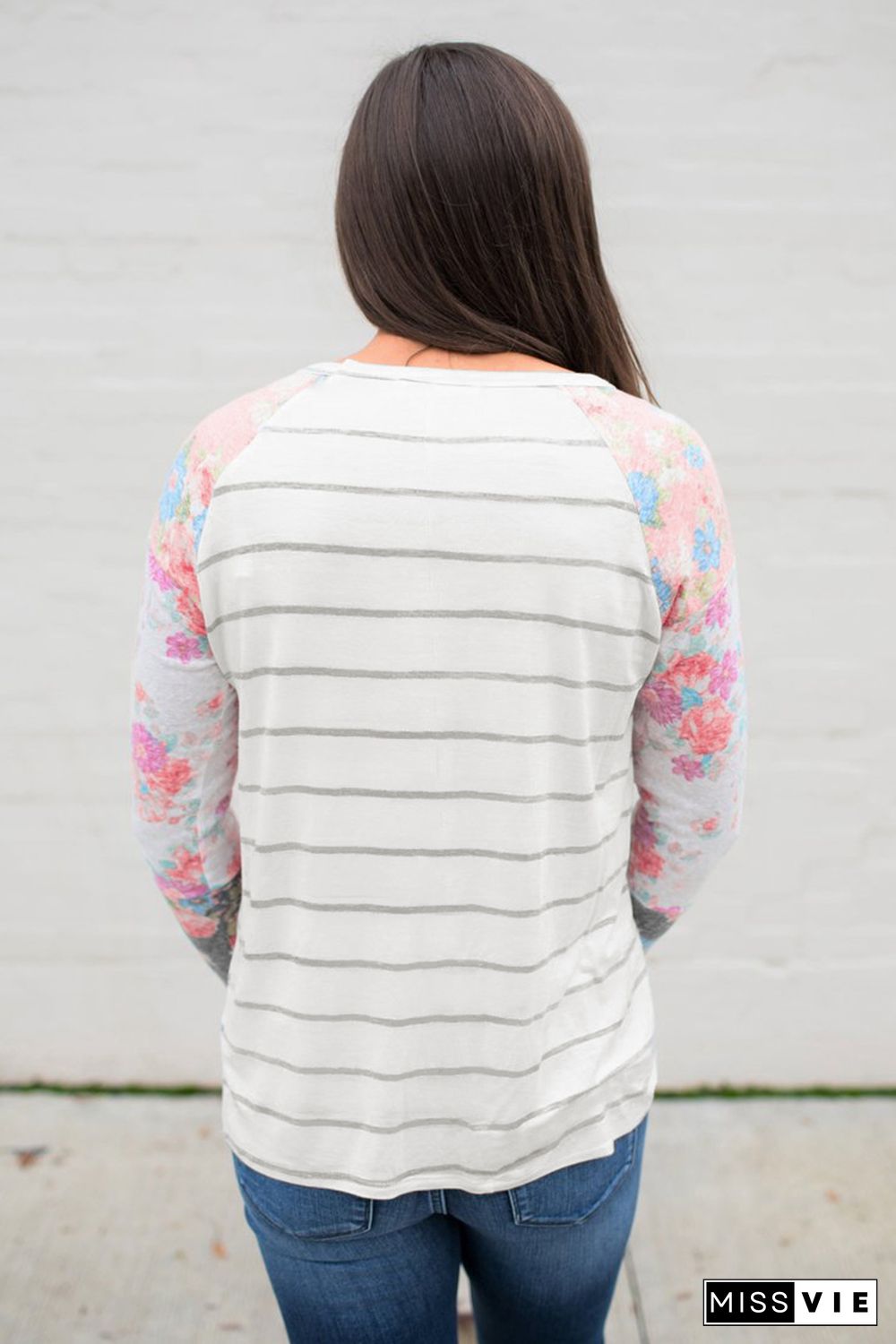 Stripe Print Plus Size Floral Long Sleeve Top