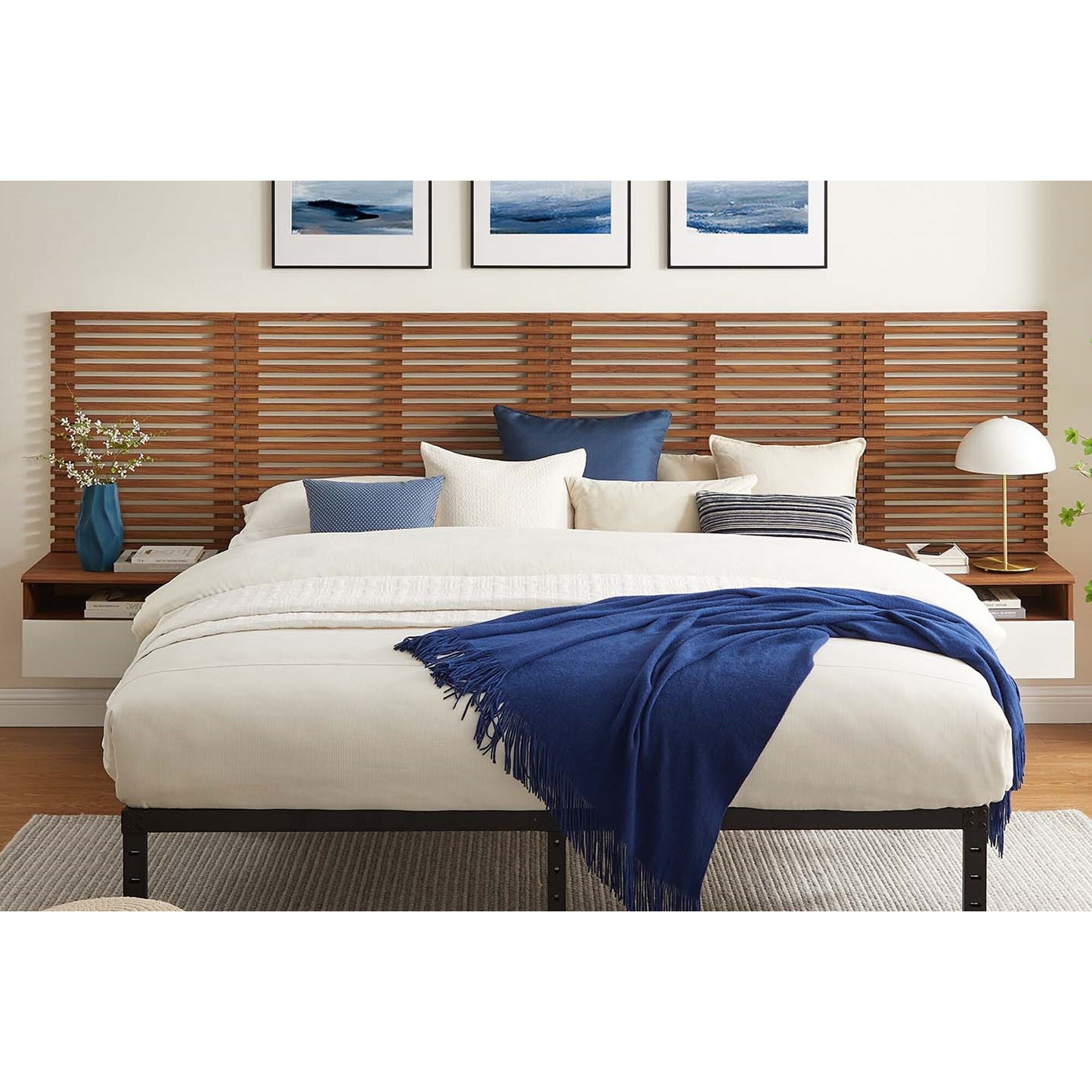 Vidalia Mid-century Modern Two-tone Wooden Floating King Size Headboard with Nightstands - - 38057186