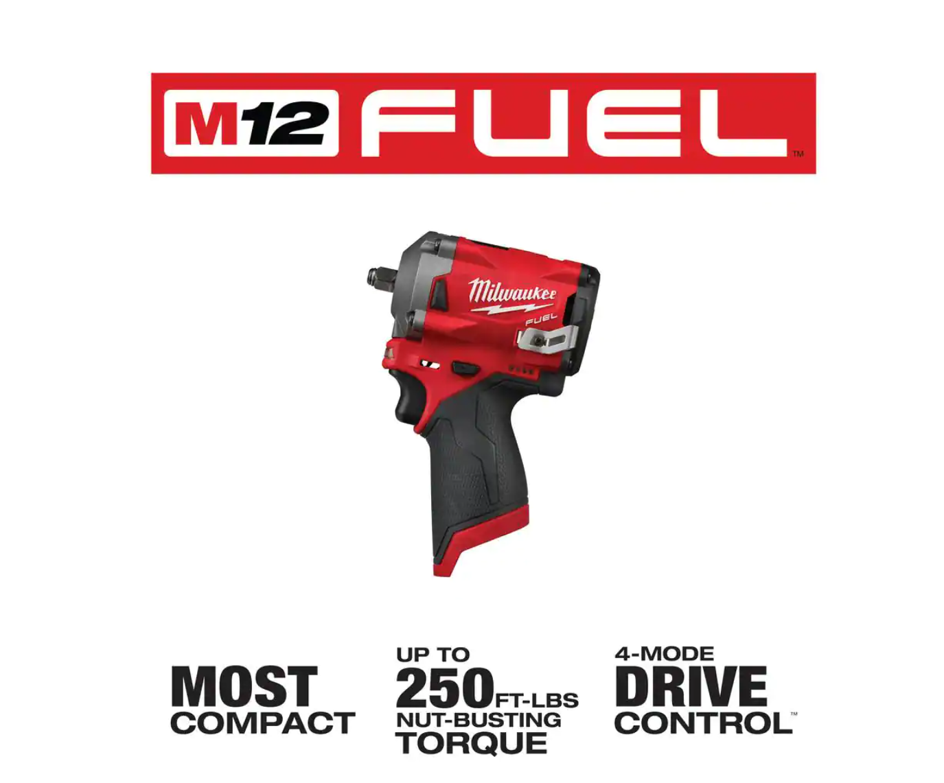 Milwaukee 2554-20-2555-20-48-11-2412 M12 FUEL 12V Lithium-Ion Brushless Cordless Stubby 3/8 in. and 1/2 in. Impact Wrenches with two 3.0 Ah Batteries