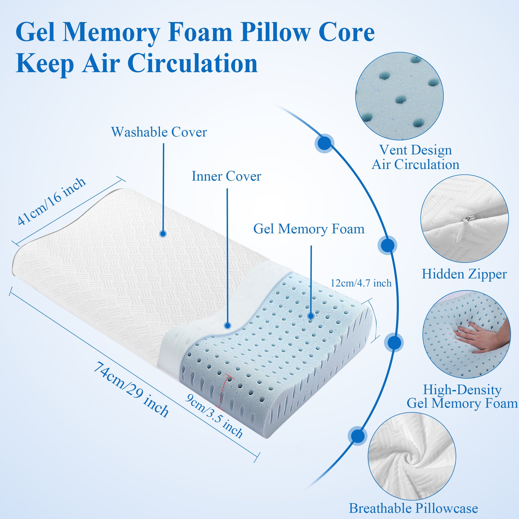 PiccoCasa Contour Pillow Memory Foam Pillow for Neck Pain,  Queen (29 x 16 x 4.7/3.5inch)