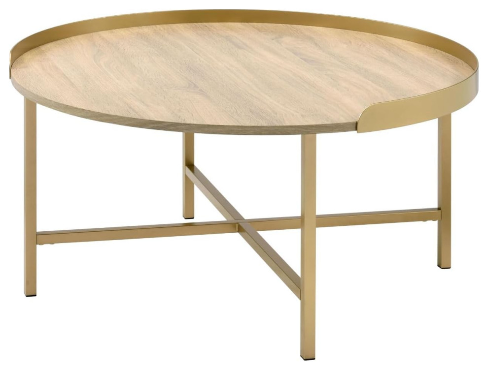 Contemporary Coffee Table  Crossed Metal Base With Round Wooden Top  Gold/Oak   Contemporary   Coffee Tables   by Decor Love  Houzz