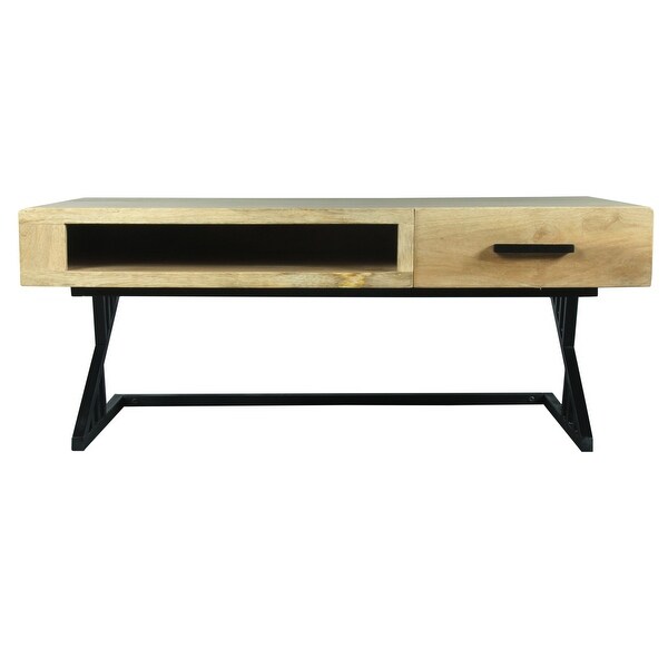 40 Inch Industrial Mango Wood Coffee Table， 1 Drawer， Iron Frame， Light Brown and Black