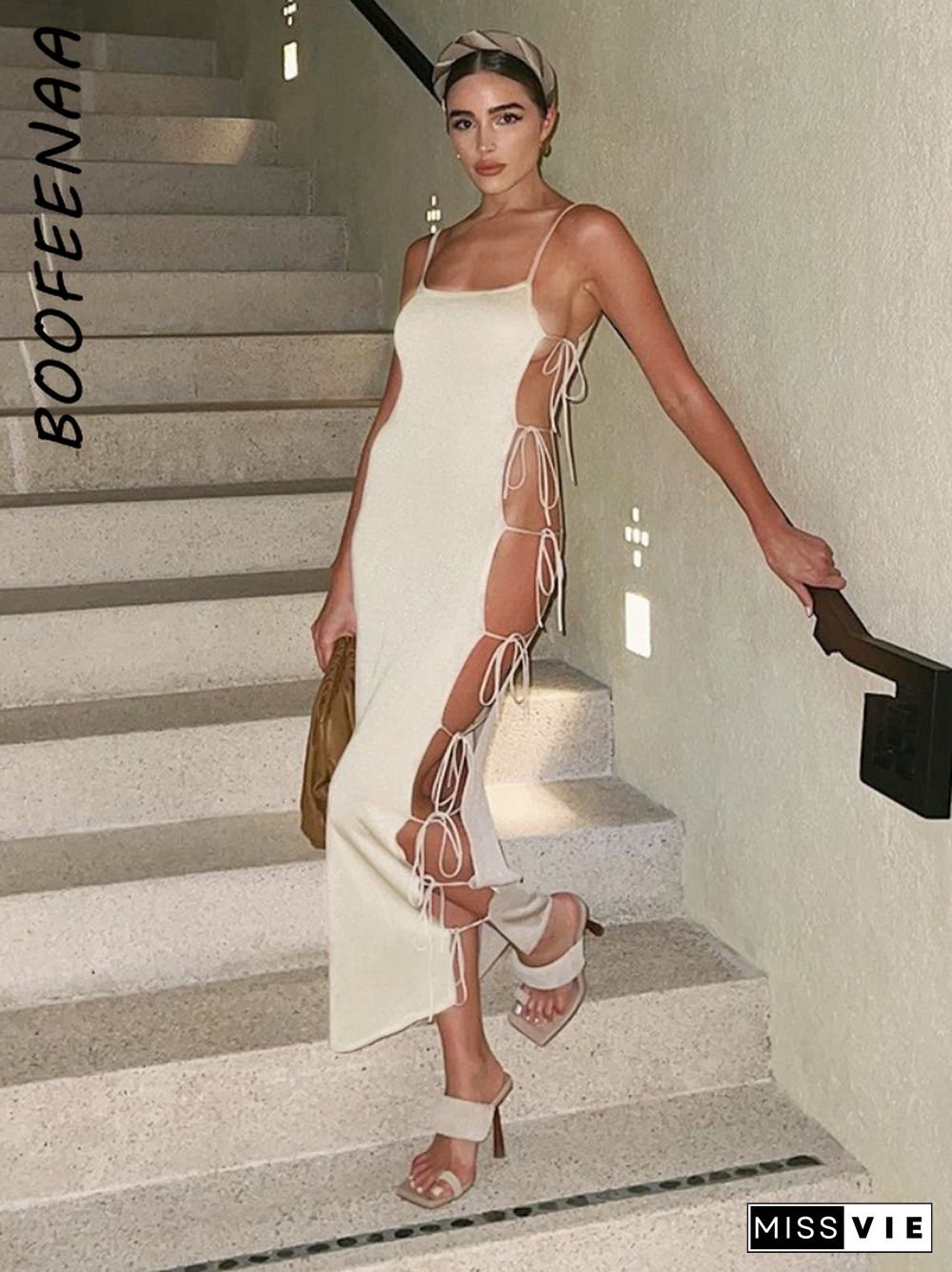 BOOFEENAA Beach Vacation Side Slit Tie Up Maxi Dress Summer OutfitsFor Women Sexy Party Nude Sheer Long Dresses C85-DZ24