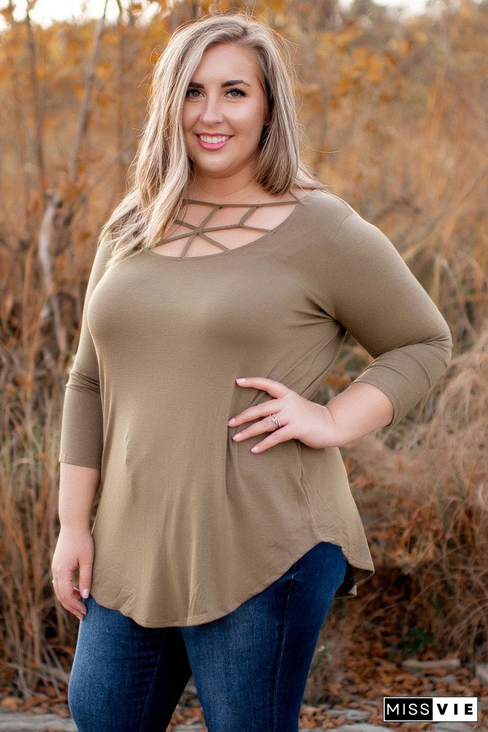 Brown 3/4 Sleeve Cut out Neckline Plus Size Top