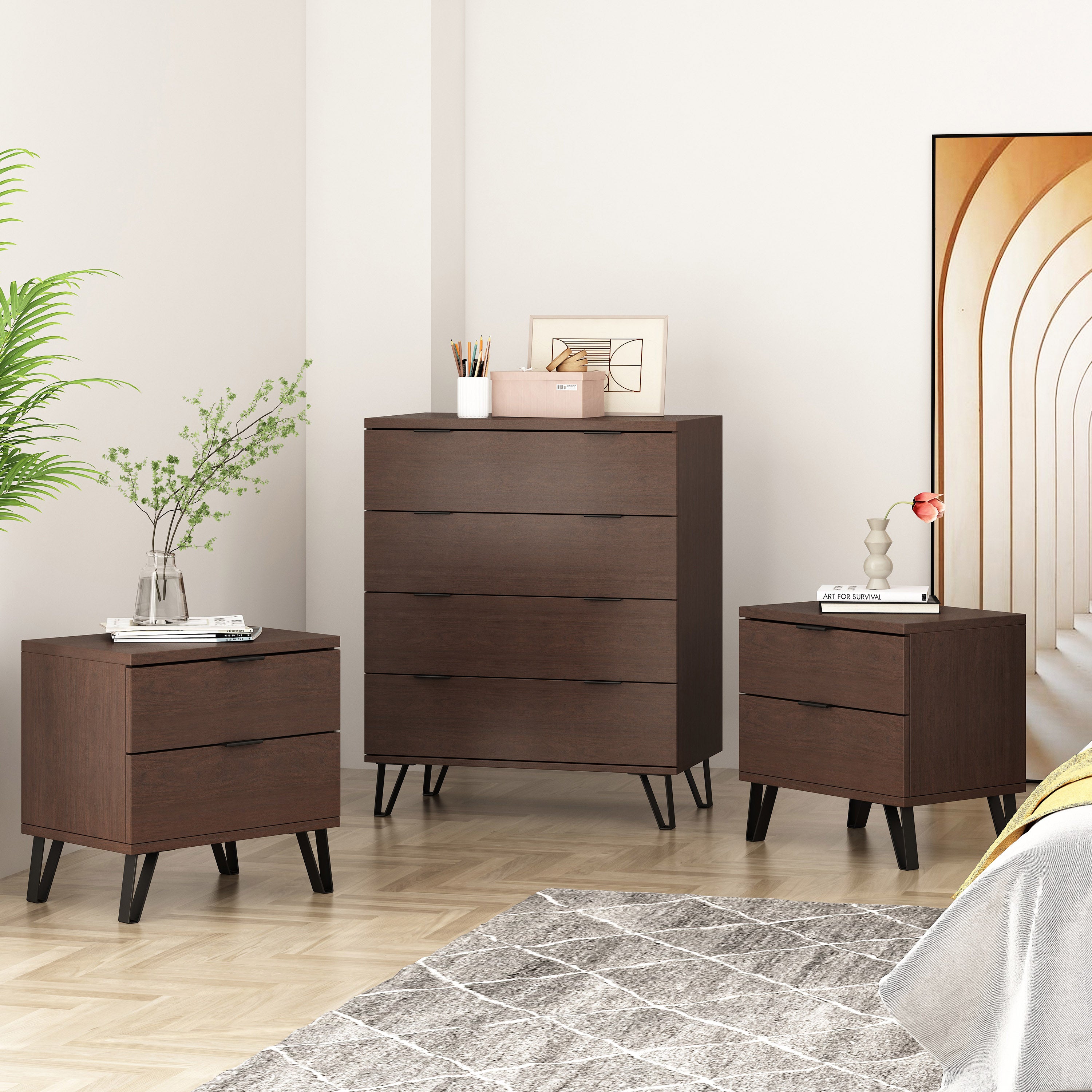 Demijen Modern Industrial 3 Piece 4 Drawer Dresser and Nightstand Bedroom Set, Walnut and Matte Black