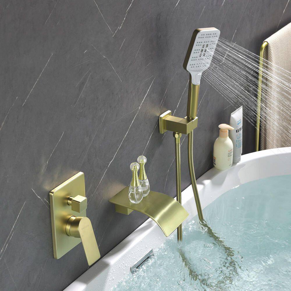 UKISHIRO 4.07 in. Single-Handle 3-Spray 1.8 GPM Adjustable Hand Shower and Wall Mounted Tub Spout in Gold (Valve Included) SMDJEO316001