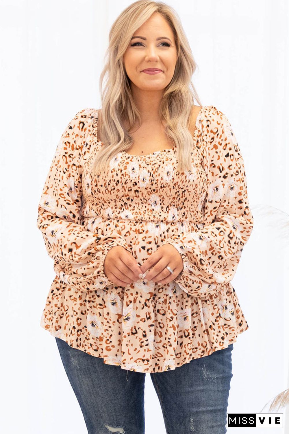 Khaki Square Neck Floral Leopard Smocked Bust Plus Size Blouse