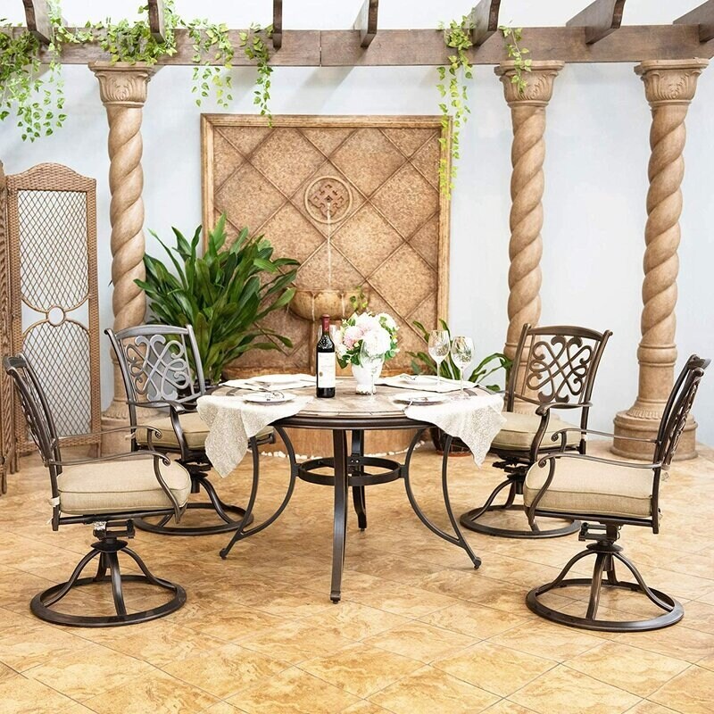 5 Piece Cast Aluminum Dining Set with Round Tile Top Table   Swivel Dining Chairs