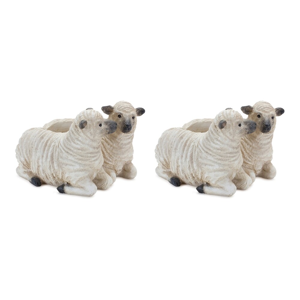 Set of 2 Beige and Black Sheep Couple Planter 7.25\