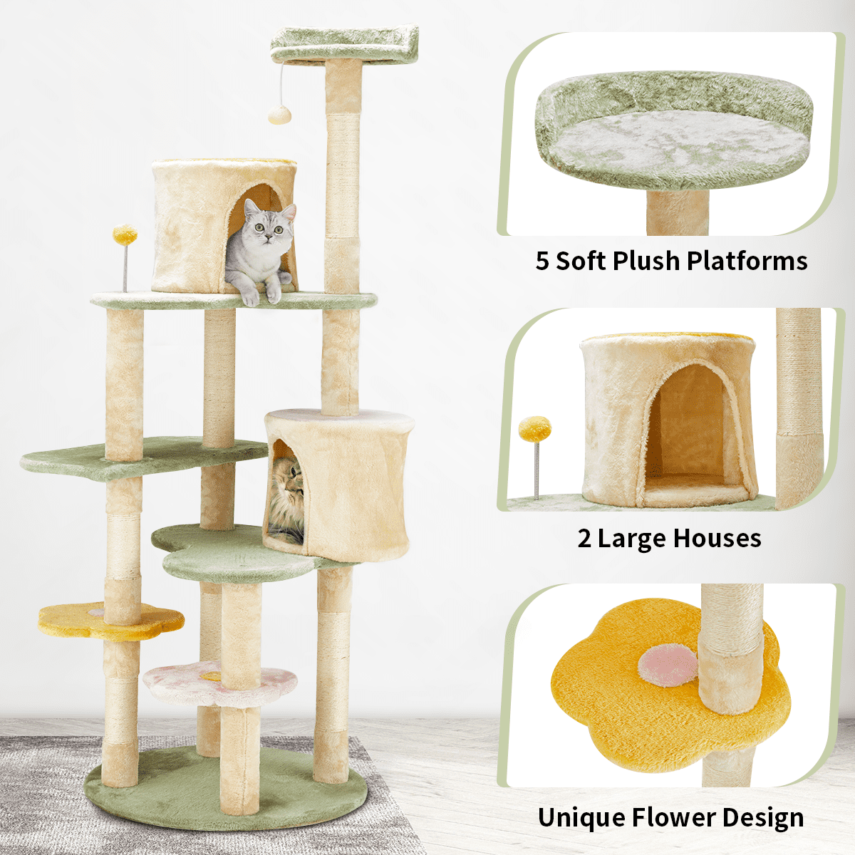 Erommy Flower Cat Tree Tower, Heavy Duty Anti-Scratch Cats Furniture, Multi-Level Cat Condo Activity Center Kitten Play House