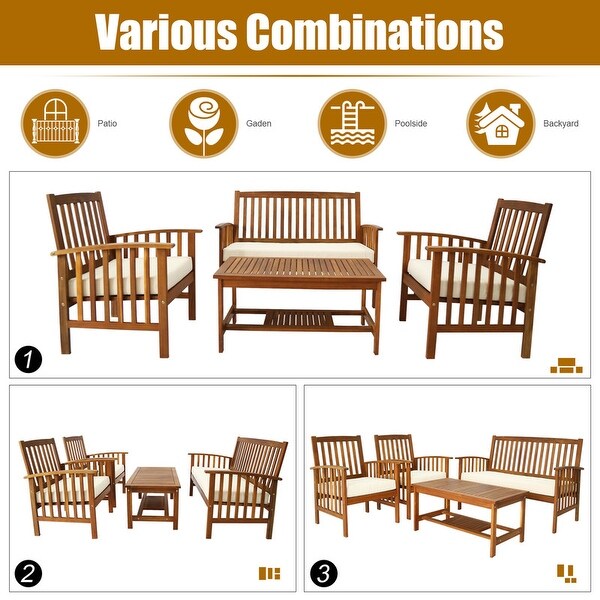 4 Piece Outdoor Patio Conversation Set with Soft Cushions and Coffee Table