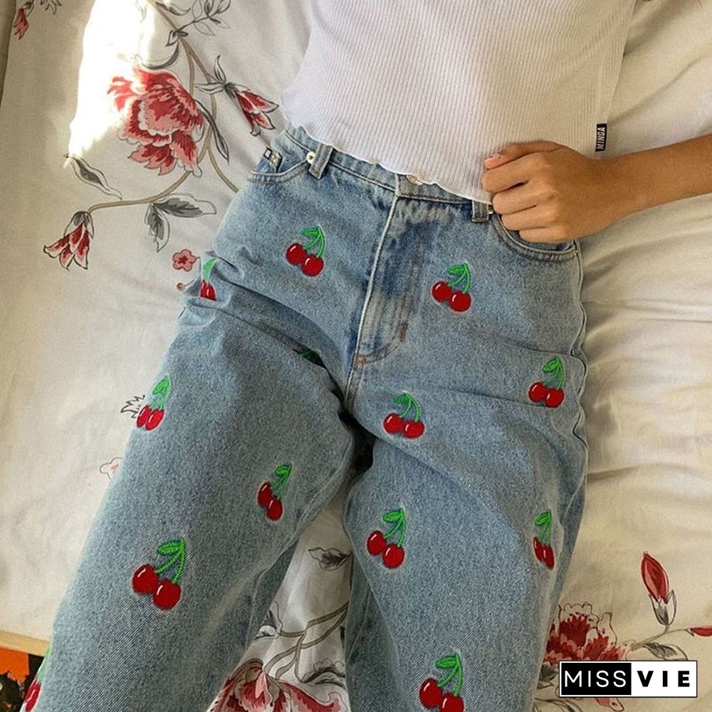 Weekeep Cherry Embroidery Fashion Vintage Jeans High Waist Streetwear Cargo Trousers Casual Skinny Woman Denim Pencil Pants