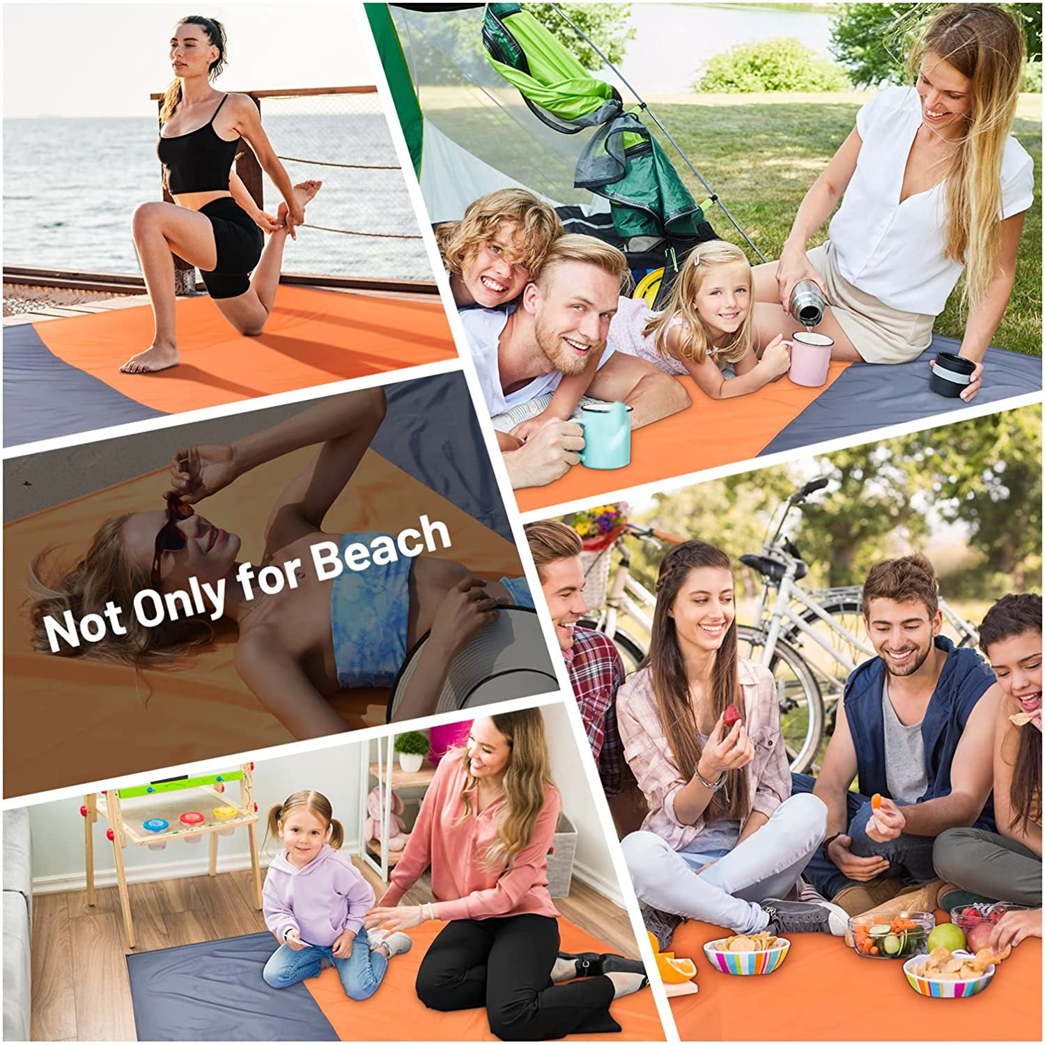 Sand Free Beach Blanket，Keten Outdoor Waterproof Picnic Blanket，79”x 83” Beach Mat， Orange Grey