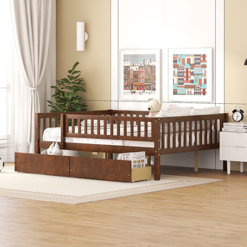 Full Size Daybed with 2 Drawers and Fence Guardrails  Sturdy Pine Wood Sofa Bedframe for Maximized Space and Comfort  Walnut