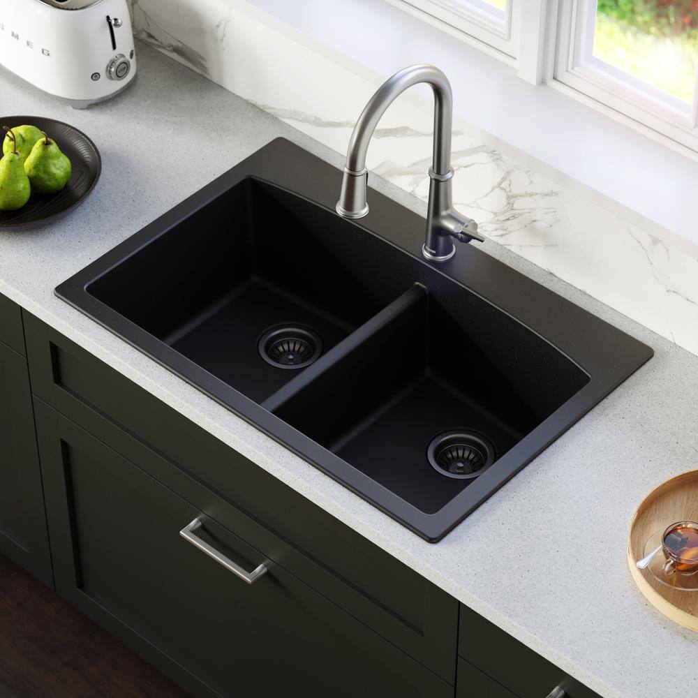 Karran QT- 710 qt. 33 in. 5050 Double Bowl Drop-In Kitchen Sink in Black with Faucet in Stainless Steel QT710BLKKF330SS