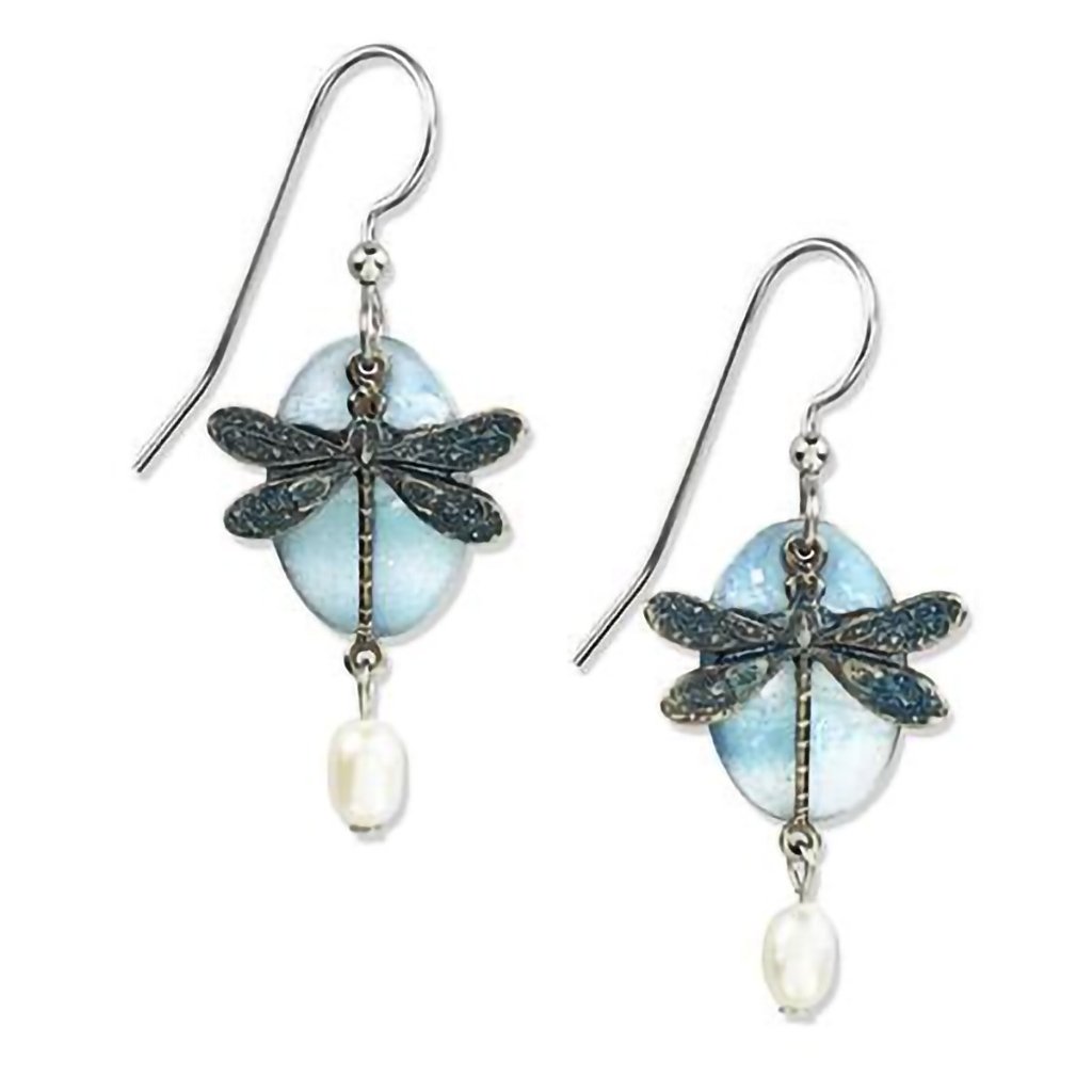 Silver Forest Earrings - Silver Blue Dragonfly White Bead