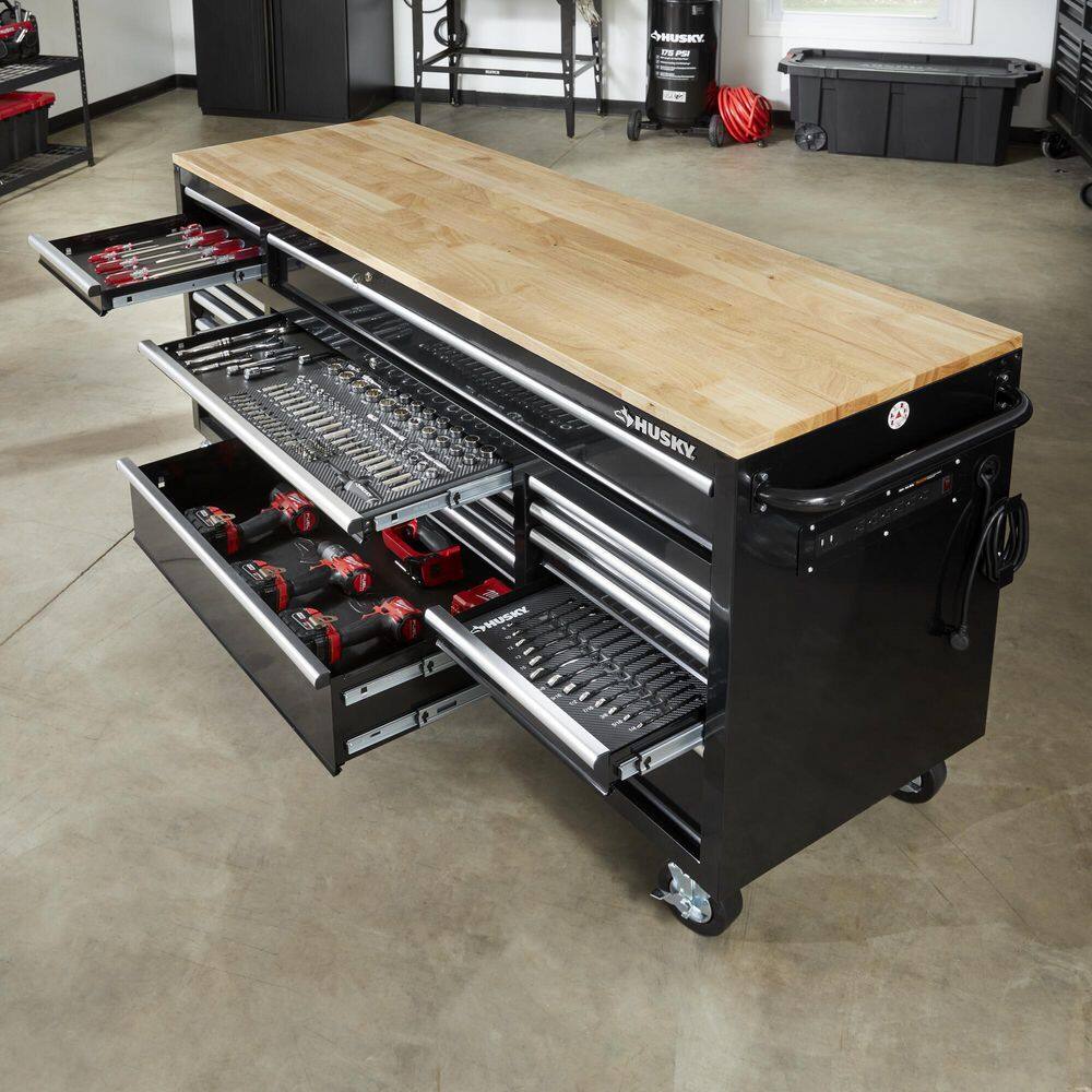 Husky 72 in. W x 24 in. D Standard Duty 18-Drawer Mobile Workbench Tool Chest with Solid Wood Top in Gloss Black HOTC7218B12M