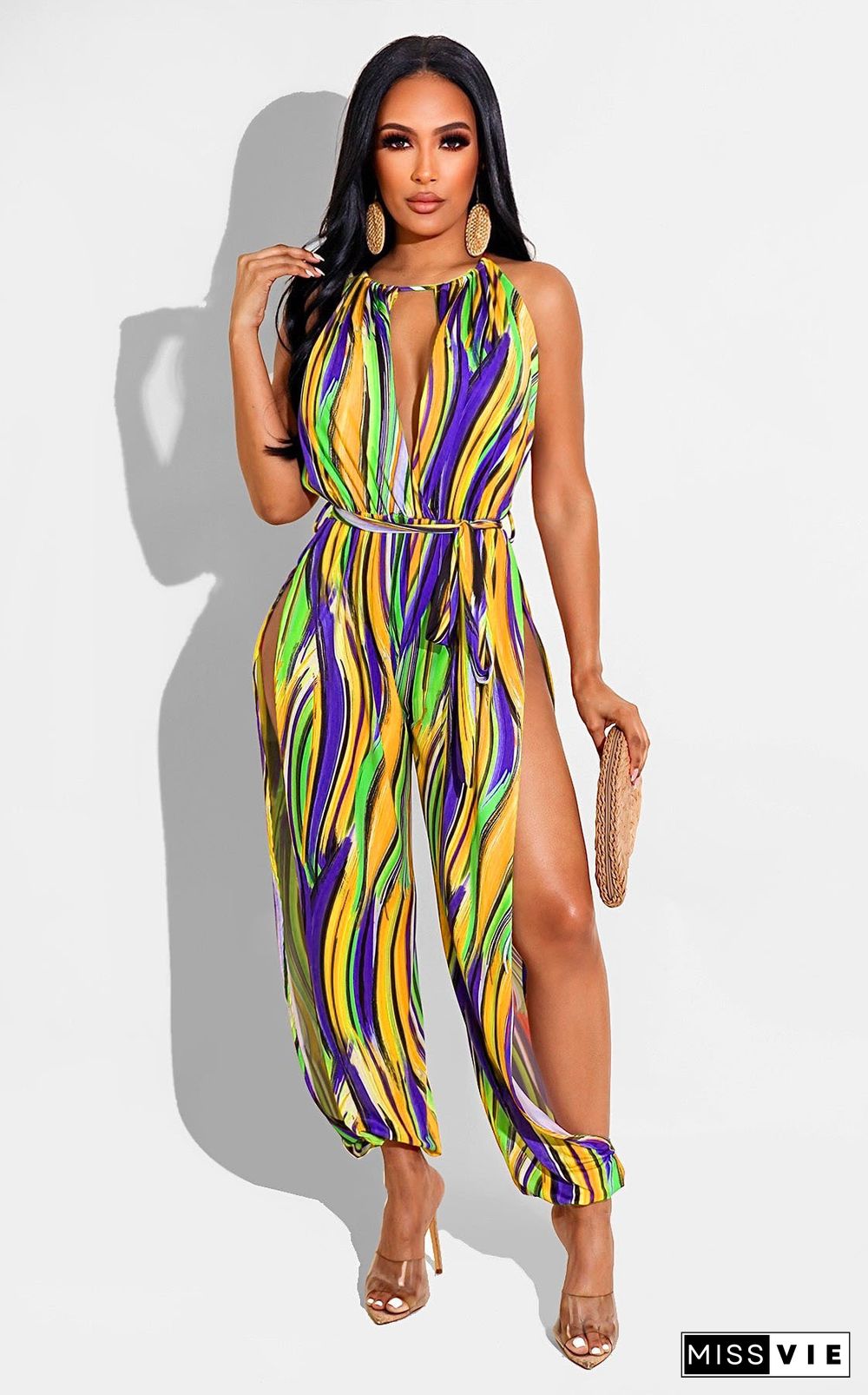 Tie Dye Print Sleeveless Lace Up Loose Jumpsuit