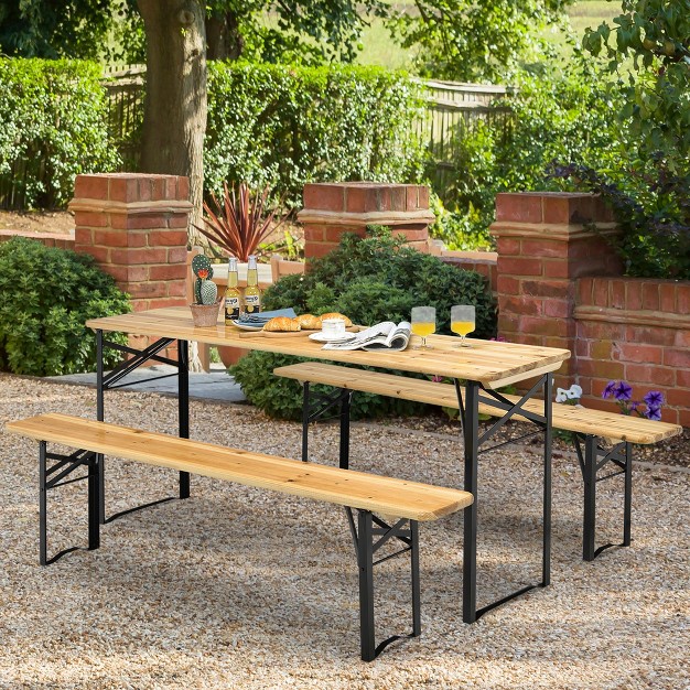 Costway 3 Pcs Beer Table Bench Set Folding Wooden Top Picnic Table Patio Garden